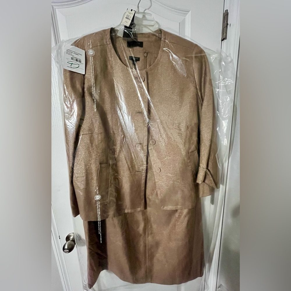 Talbots Gold Metallic Linen Blend Sleeveless Tan Dress with Matching Jacket 20W